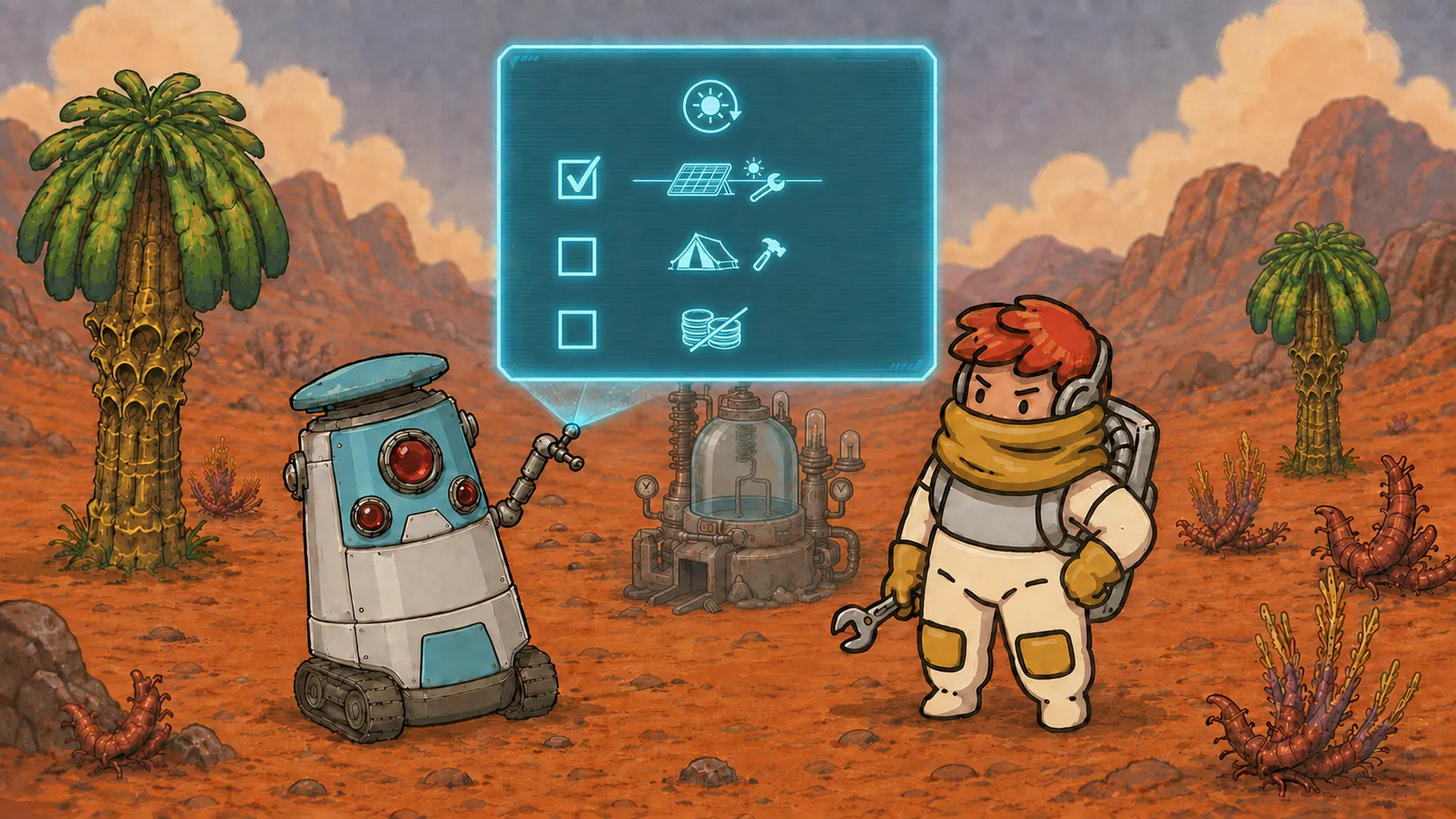 Oli gathering materials and building a settlement on Endura