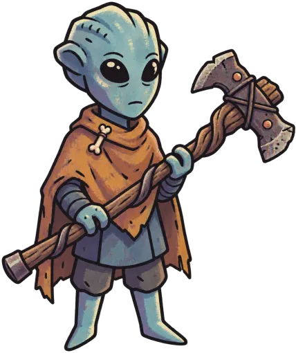 A native of Endura: a blue-skinned being in a worn orange cloak holding a stone axe