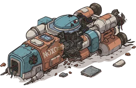 A crashed Nox Corp cargo ship half buried in the Endura desert